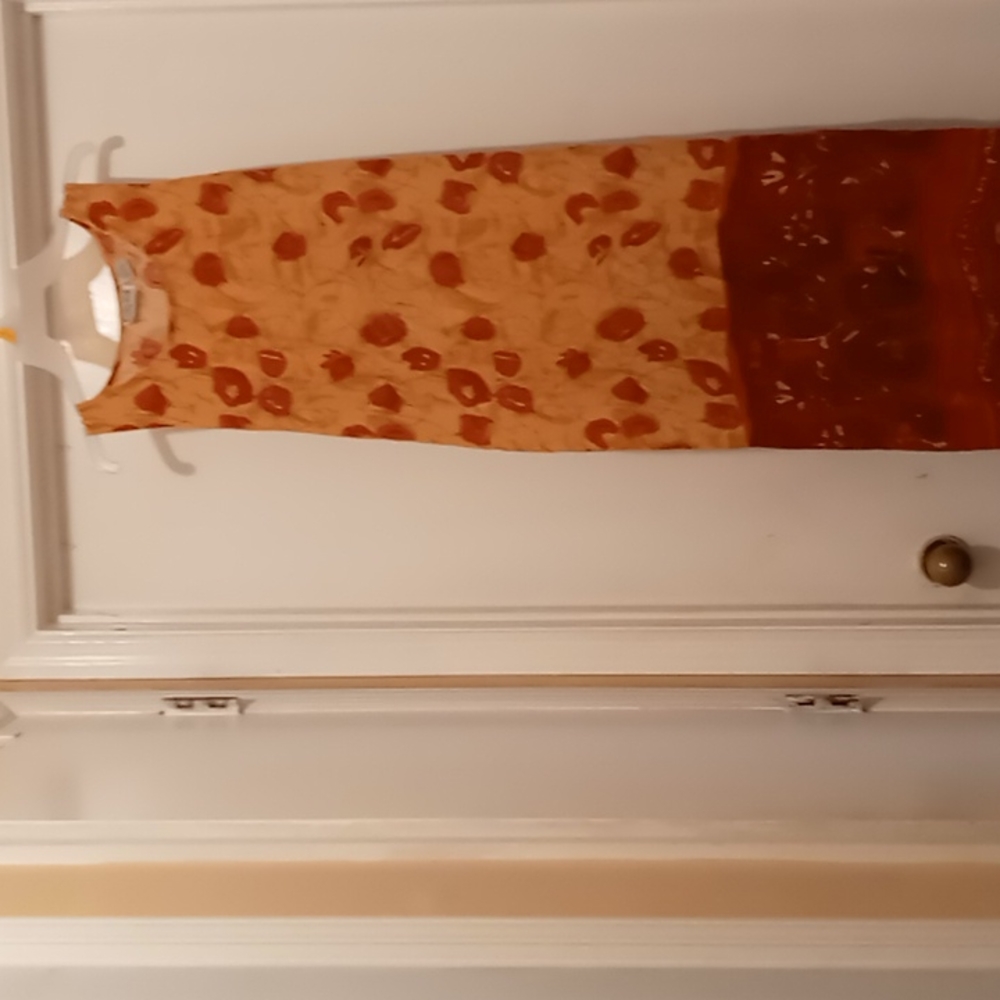 Women's short sleeved gold and dark orange maxi dress with tie in the back